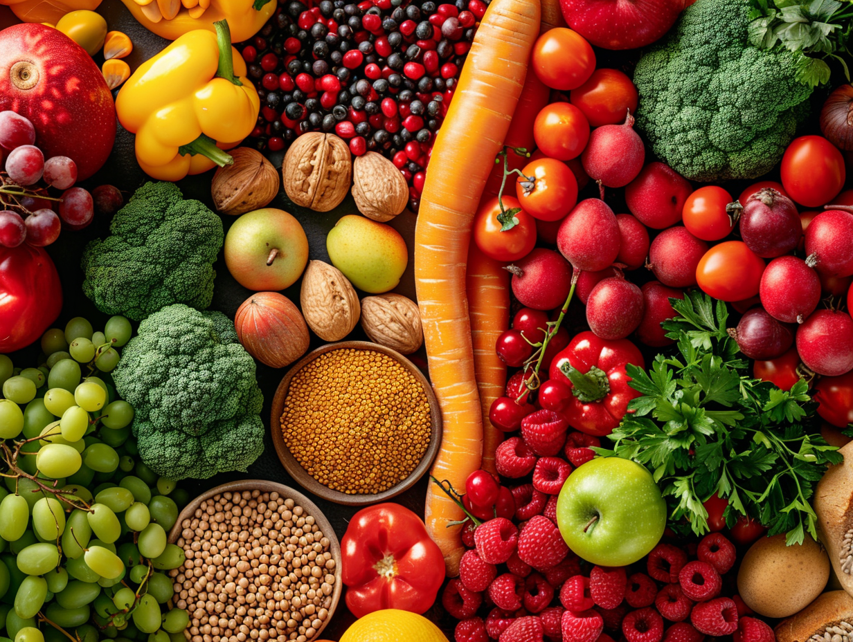 Різноманітні свіжі продукти та інгредієнти для здорового харчування